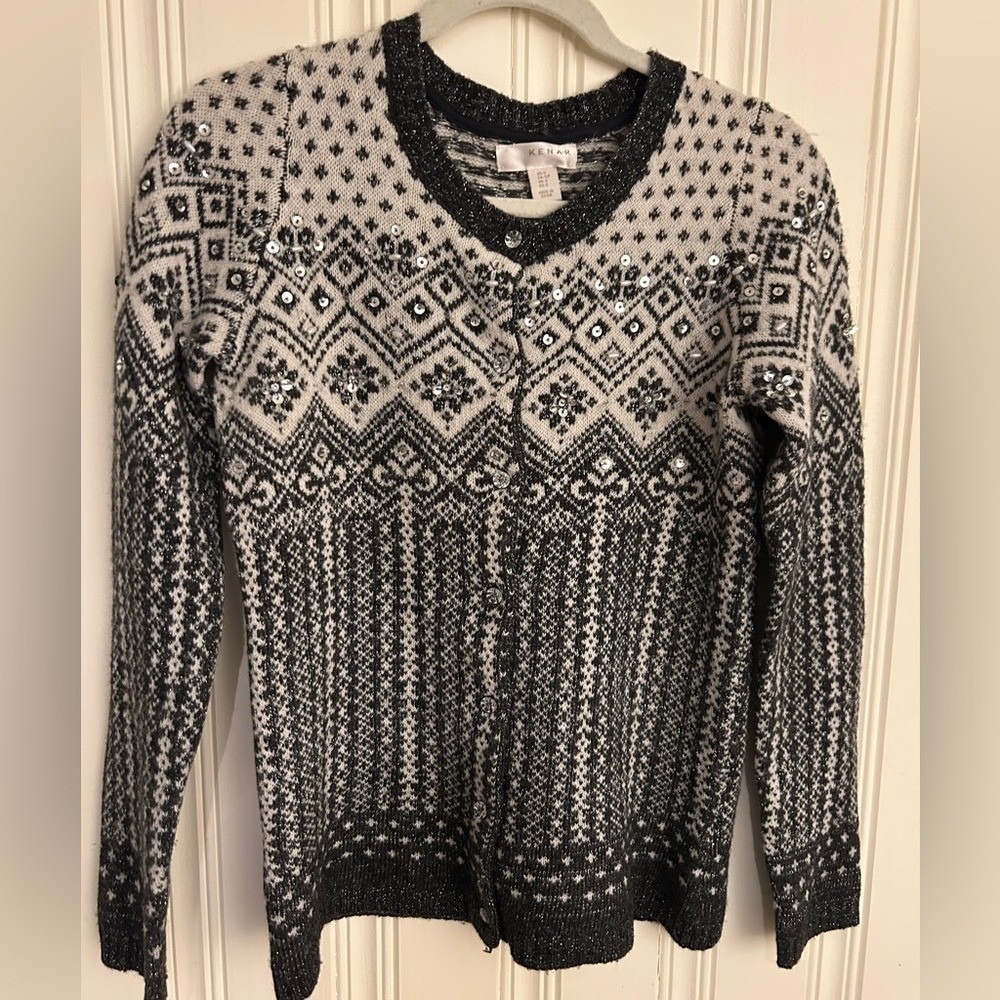 Kenar Womens S Lambswool Cardigan Holiday  Sweater Black Snow Fair Isle Beaded